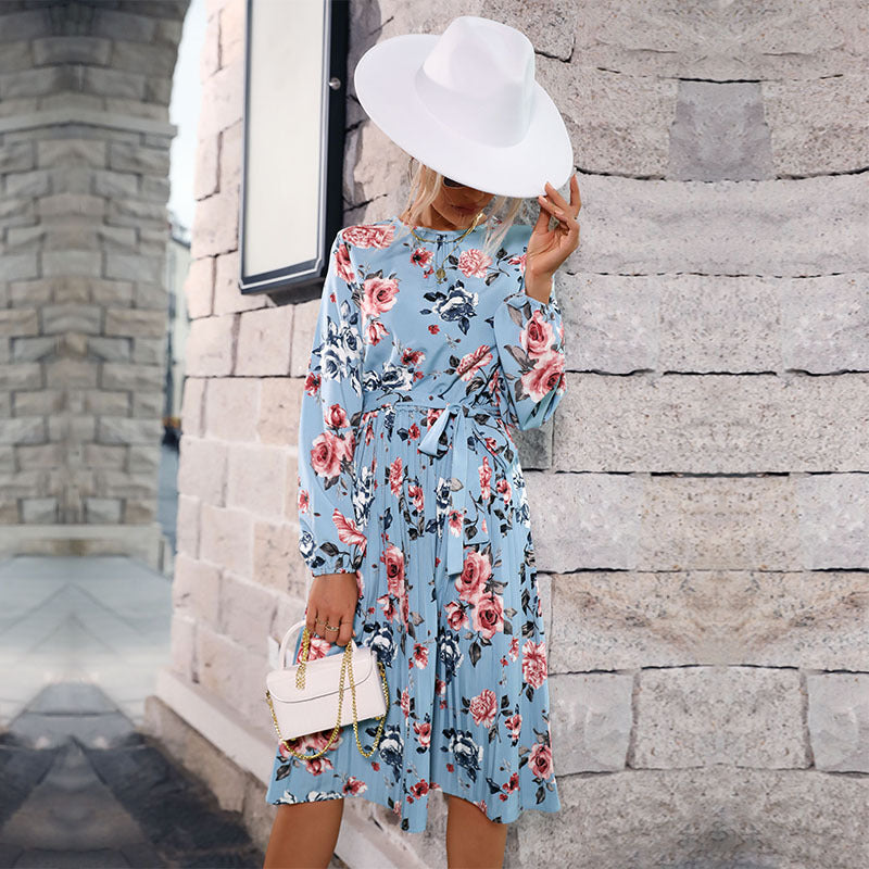 New Autumn And Winter Floral Dress Long-Sleeved Blue Pleated Skirt Female