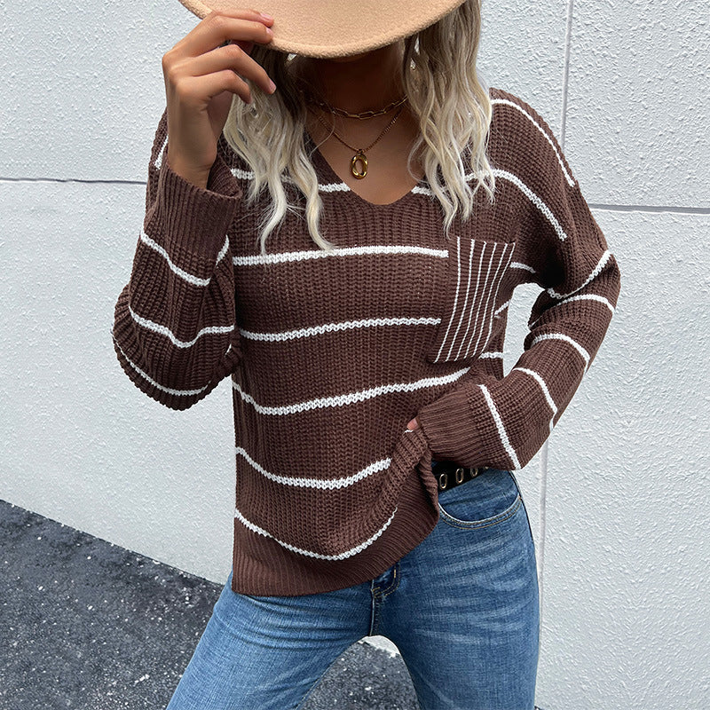 New Autumn And Winter Casual Fashion Women's V-Neck Long Sleeve Striped Sweater Woman
