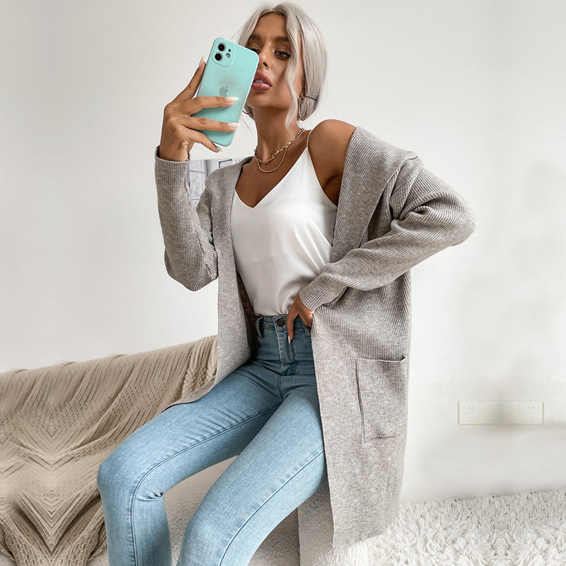 Autumn and Winter Women's Hooded Knitted Sweater Cardigan Coat
