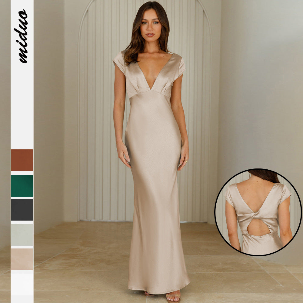 Acetic Slim-Fit Dress Women's Temperament Elegant Evening Dress Sexy V-Neck Hollow Toast Dress Bridesmaid Dress