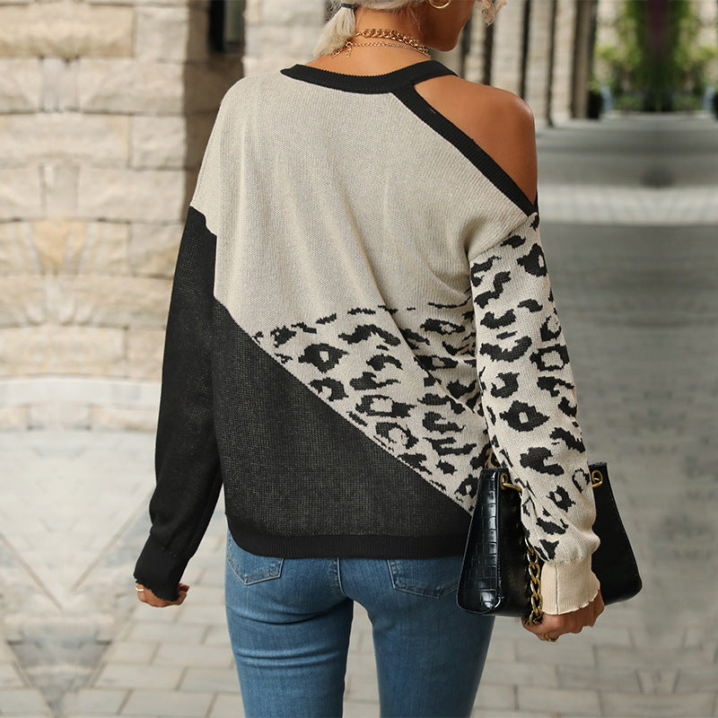 Chic Off-Shoulder Leopard Print Sweater for Stylish Autumn and Winter Fashion