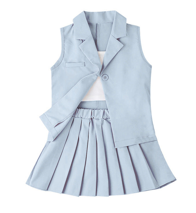 Summer Girls Halter T-Shirt + Skirt + Vest Jacket Three-Piece Pleated Skirt Suit British Style