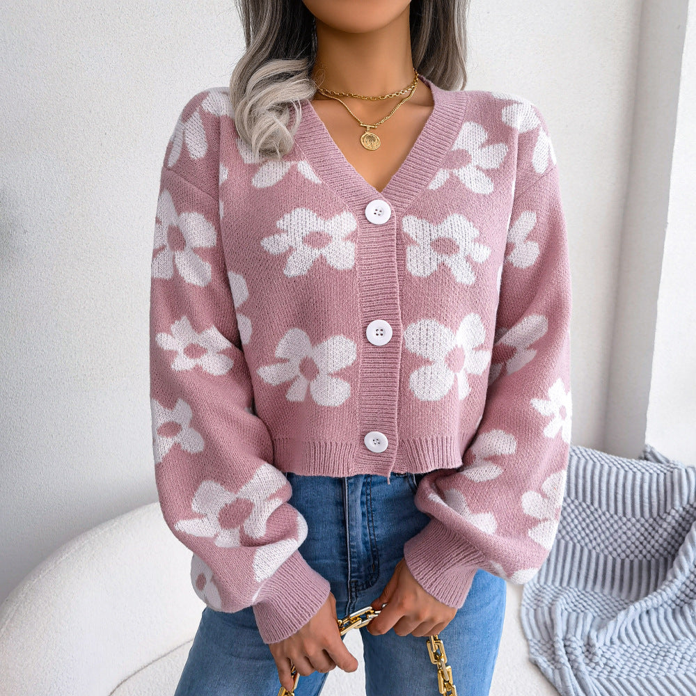Wind Autumn And Winter Fashion Color Contrast Flowers Lantern Sleeve Cardigan Sweater Coat Women's Wear