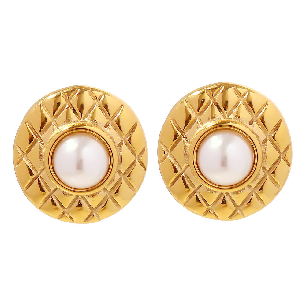 5pcs New 18K Gold Plated Fashion Plaid With Pearl Stud Earrings Fashion Everything Earrings