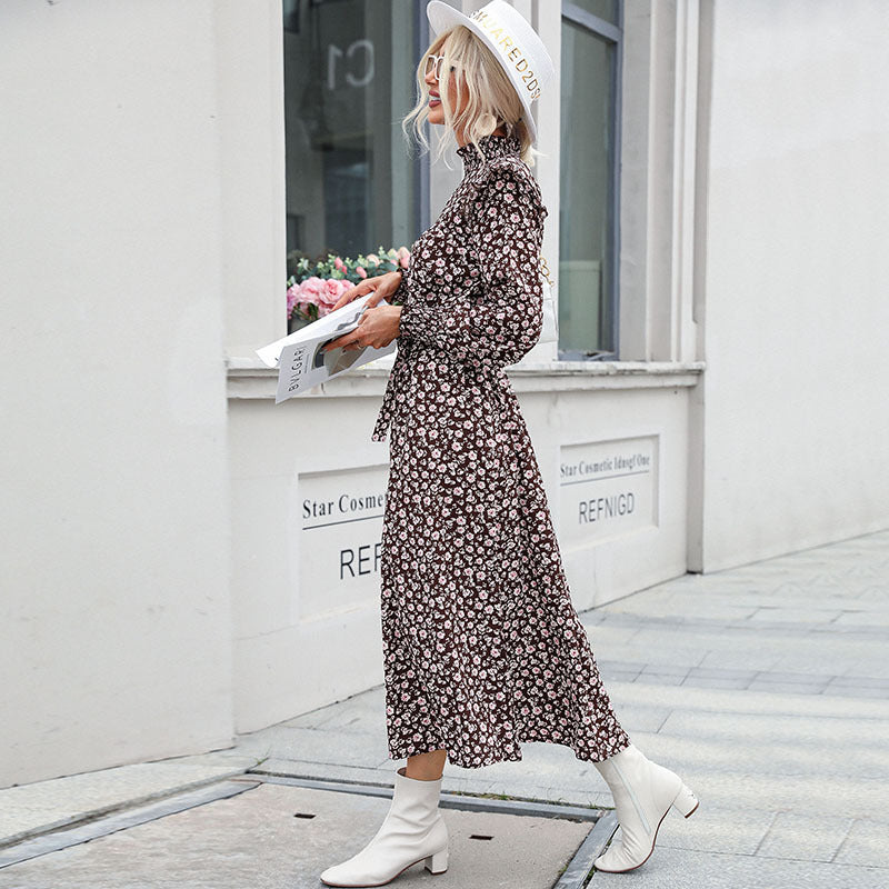 Fashion Women's Spring High-Neck Long Sleeve Printed Long Dress Women