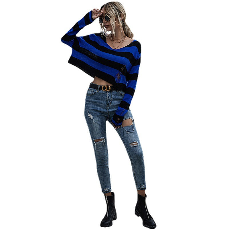 Autumn Women's Striped V-Neck Loose Short Knit Bottom Sweater Women Long Sleeves Sexy