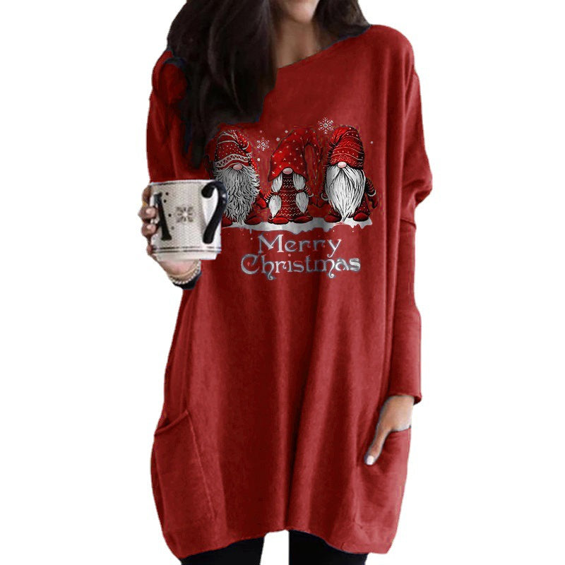 Santa Claus Printed Long Sleeve Pocket Round Neck T-Shirt Dress