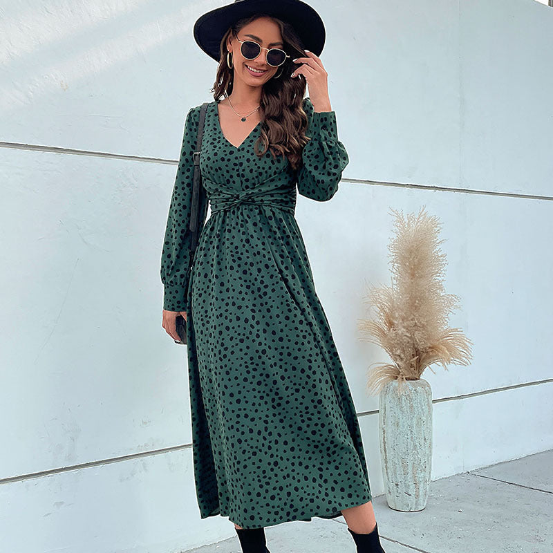 Fashion Women's New Green Long-Sleeved Leopard Print Long Dress