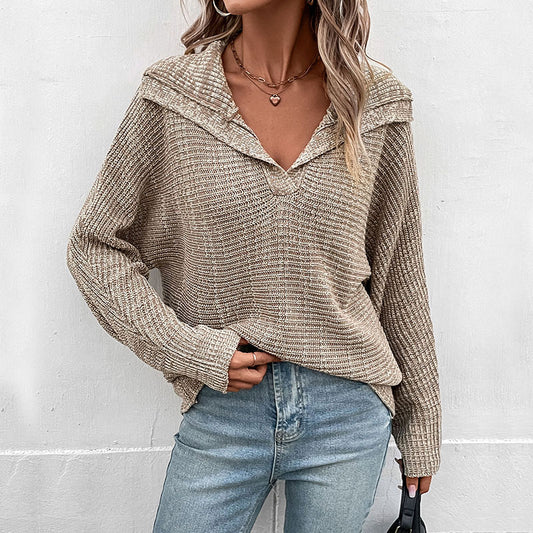 Fashion Women's Autumn And Winter New Solid Color Casual Long-Sleeved Lapel Sweater