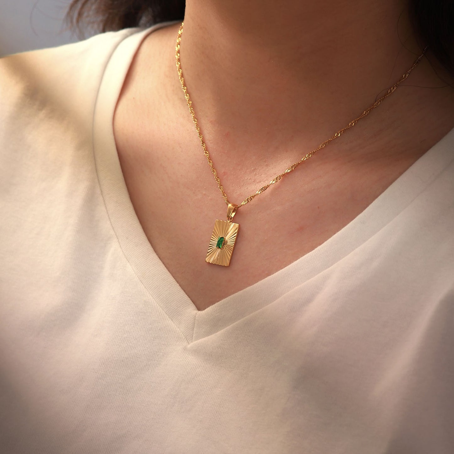 5pcs Vintage Emerald Zircon Mosaic Split Flower Rectangular Pendant Necklace 18K Gold Stainless Steel Collar Female