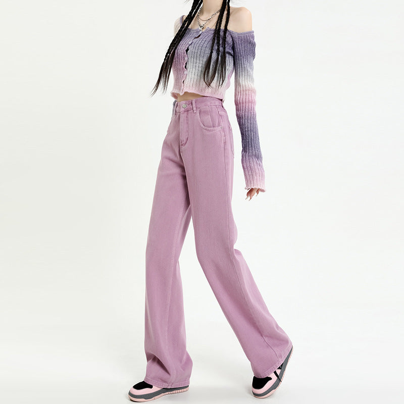 Purple Wide Leg Jeans Women's Autumn Loose Slim High Waisted Wide Leg Pants Women's Autumn And Winter Jeans Floor Length Pants Straight Leg Pants