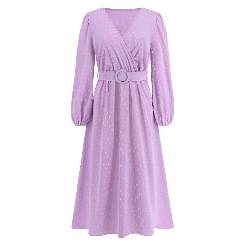 Women's Dress V-Neck Long Sleeve Jacquard Dress Autumn And Winter New Burst