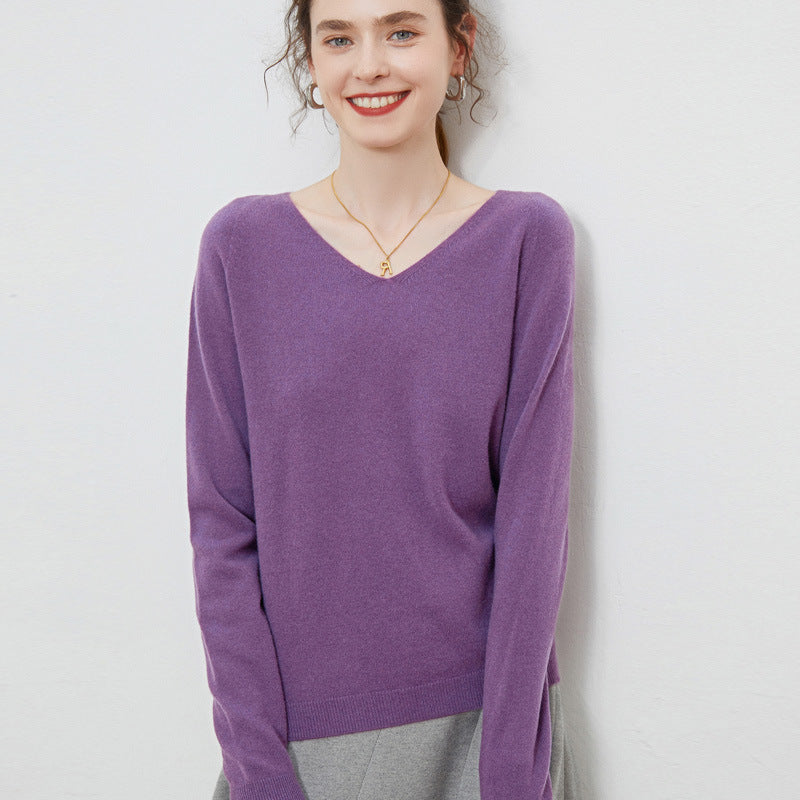 Women's 100 Wool Base Sweater V-Neck Knitted Loose Cashmere Sweater Slimming Autumn And Winter Top