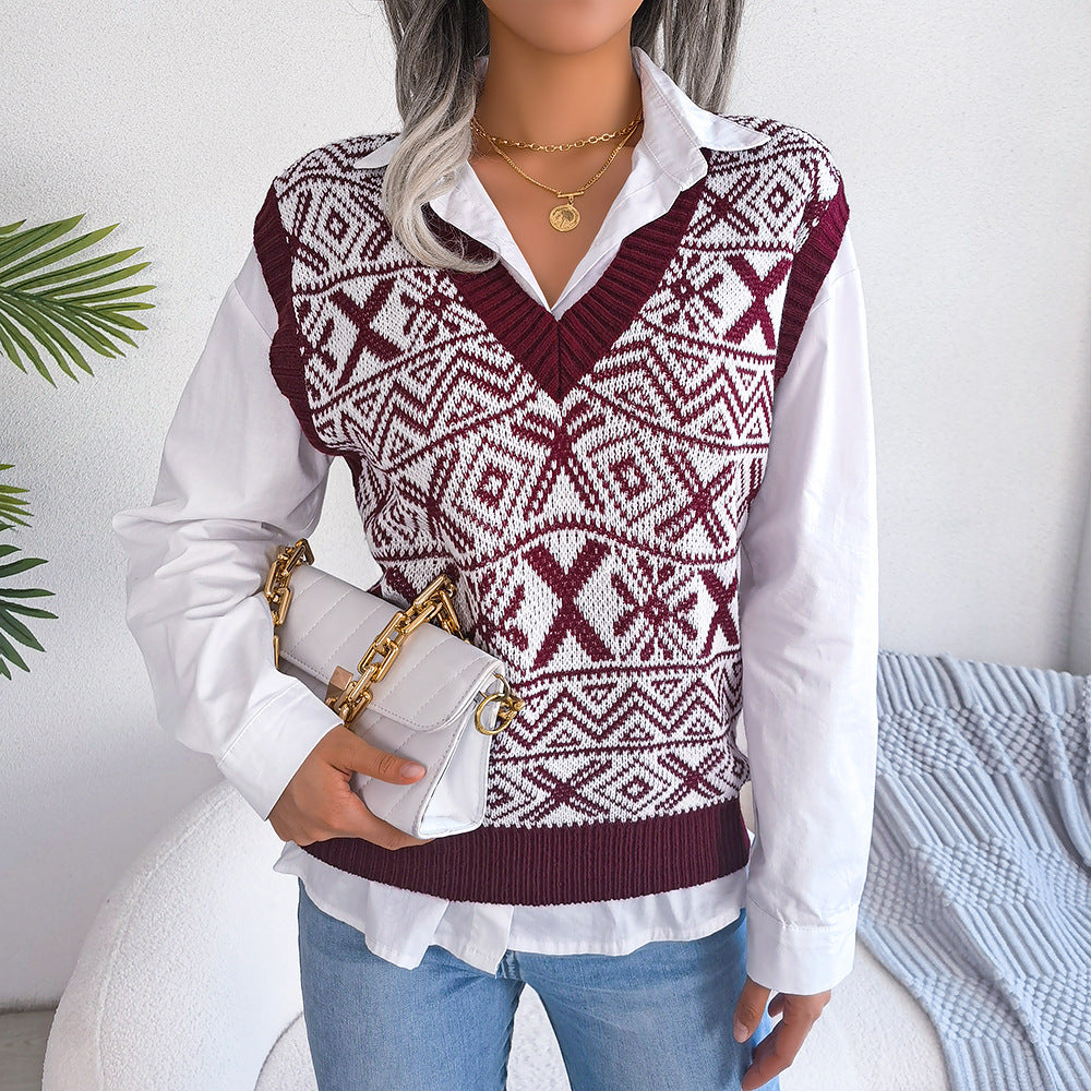 Autumn And Winter Christmas Snow Pattern V-Neck Knitted Vest Sweater Women's Wear