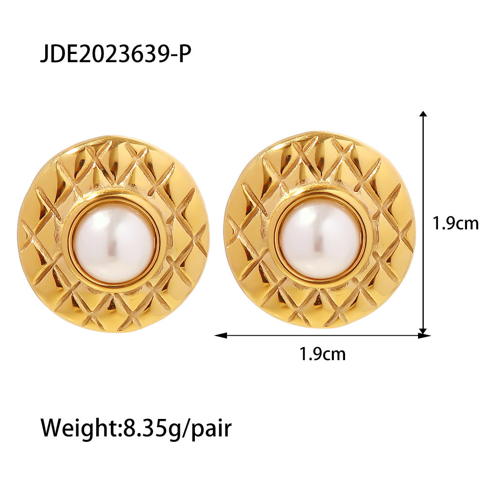 5pcs New 18K Gold Plated Fashion Plaid With Pearl Stud Earrings Fashion Everything Earrings