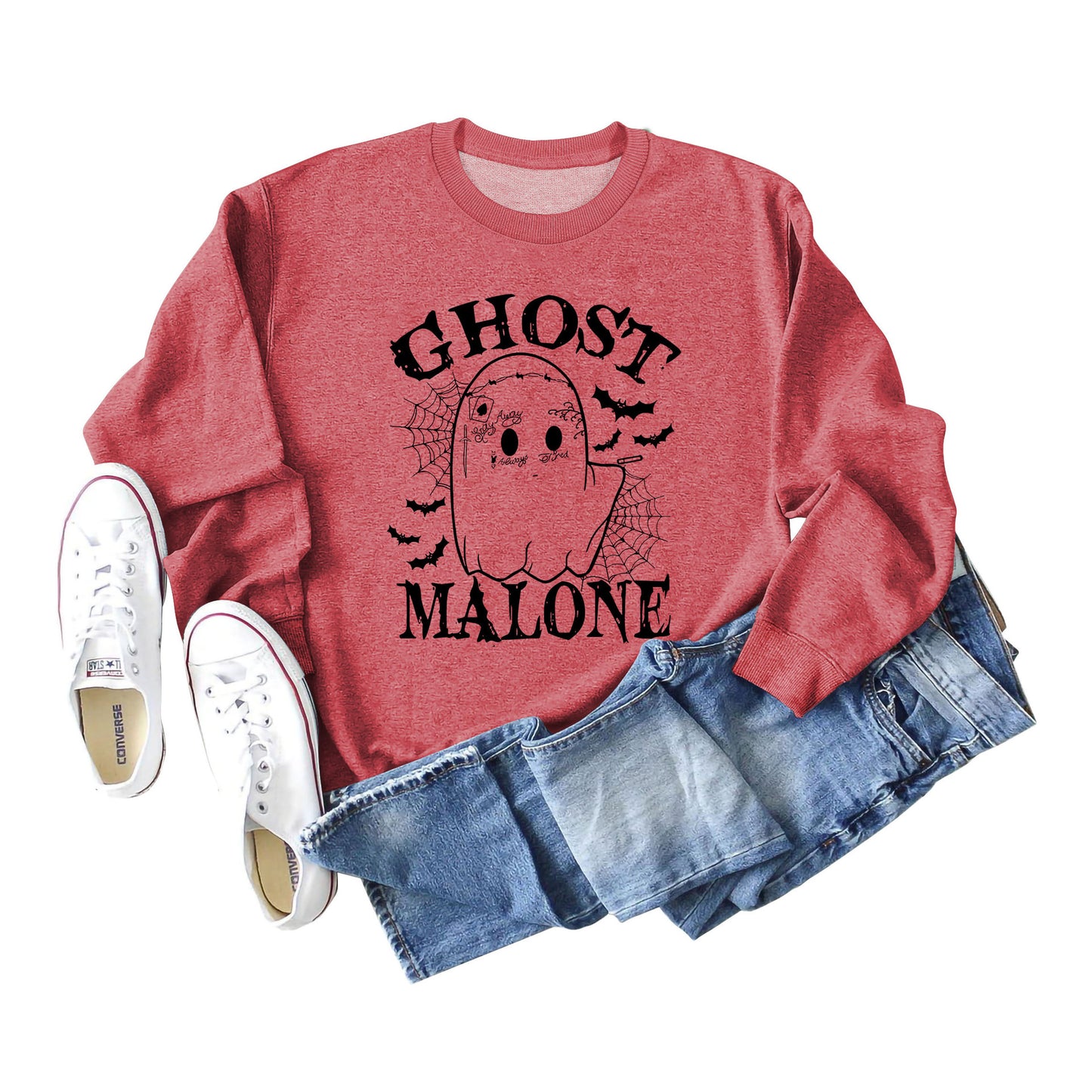 Ghost Malone Letter Round Neck Fashion Bat Round Neck Halloween Long Sleeve Hoodie