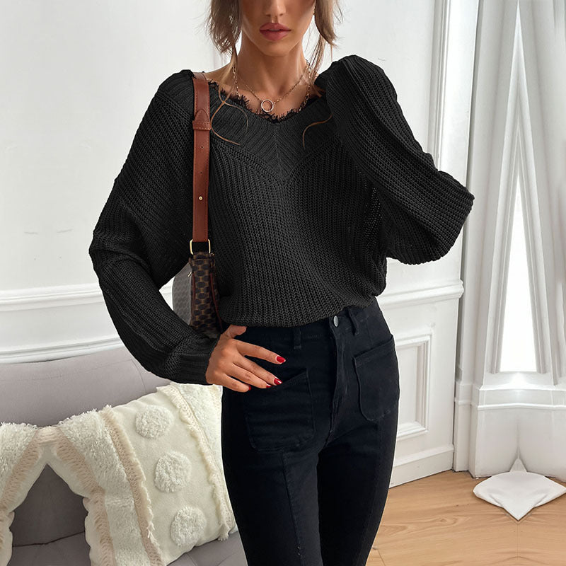 Autumn New Women's Stitching Lace Pullover Solid Color Knit Sweater Women