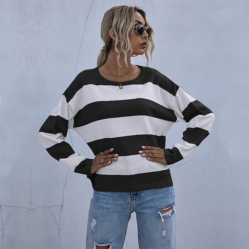 Stylish Women's Loose Crew Neck Striped Sweater
