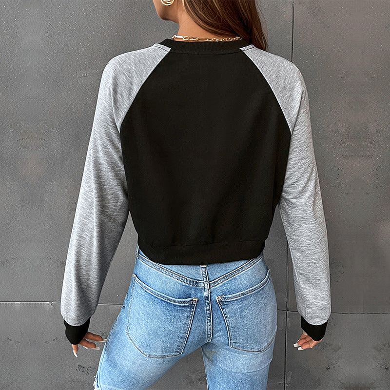 New Spring Leisure Sports College Style Color Short Crop Round Neck Letter Pullover Hoodie Woman