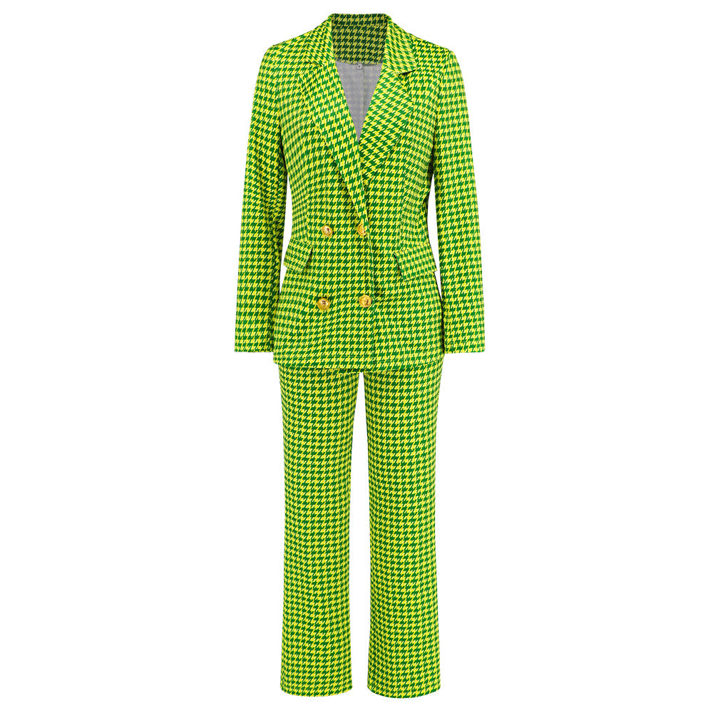 Autumn/Winter Women's New Thousand Bird Lattice Double-Breasted Suit Jacket + Slim Straight Trousers Suit Burst