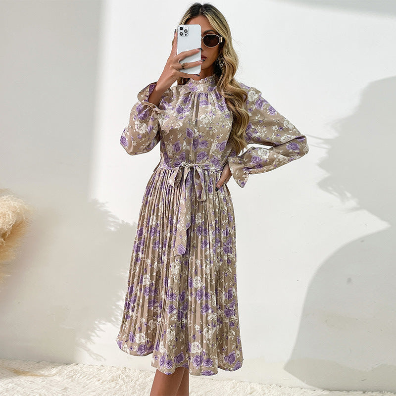 Fashion Women's Print Long-Sleeved Semi-High-Neck Dress