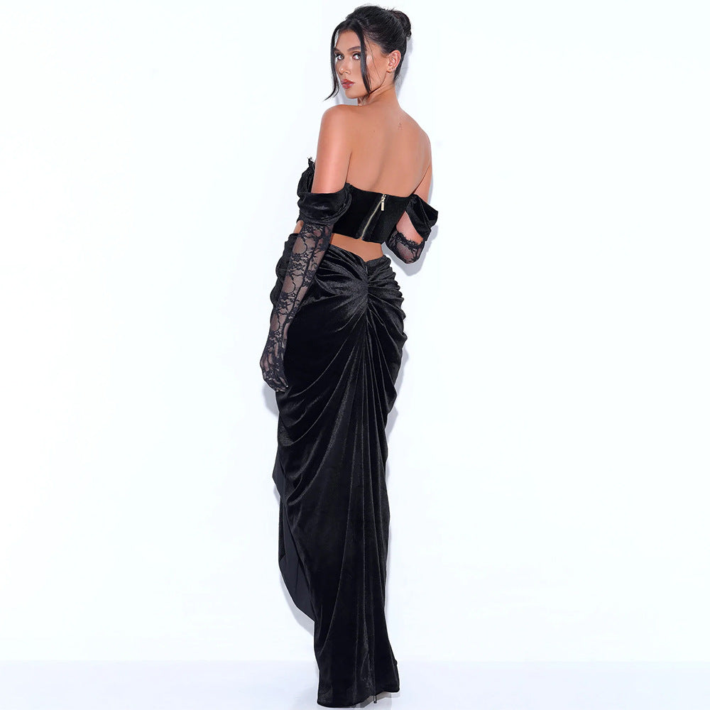 Autumn And Winter Women's One-Shoulder Lace Long-Sleeved Canary Dress Sexy Waist Slit Evening Dress