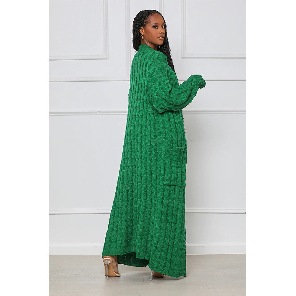 Women's Autumn And Winter New Loose Knit Cardigan Lazy Pocket Long Twist Sweater Coat