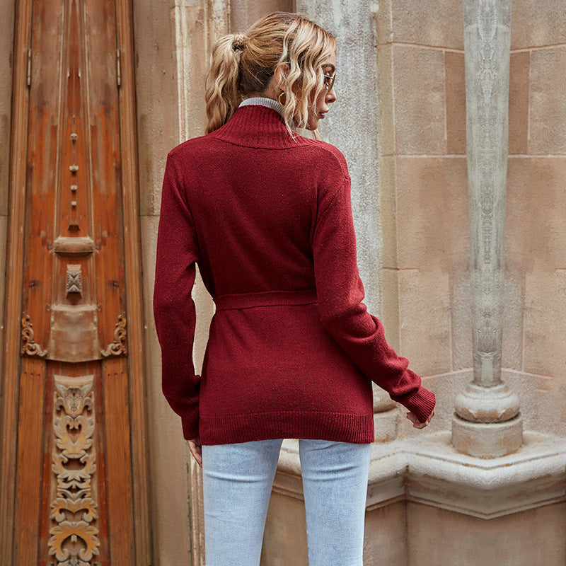 Women's Autumn Red Loose Long-Sleeved Preppy Sweater Coat