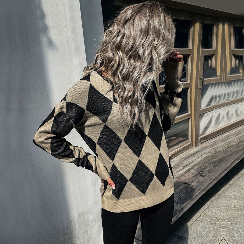 New Fashion Women's Autumn Winter Ring-Checkered Long-Sleeved Sweater Female