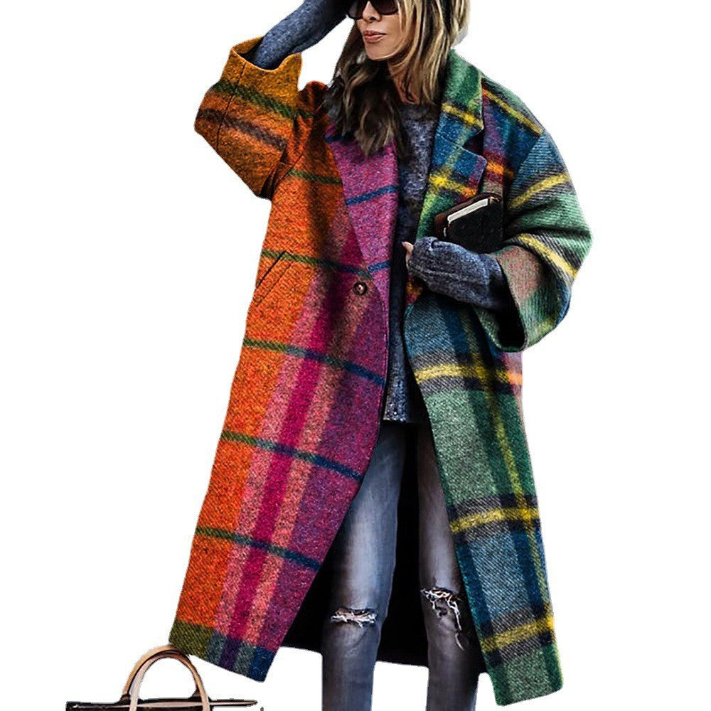 New Autumn Women's Long Sleeve Lapel Coat Printed Wool Long Coat