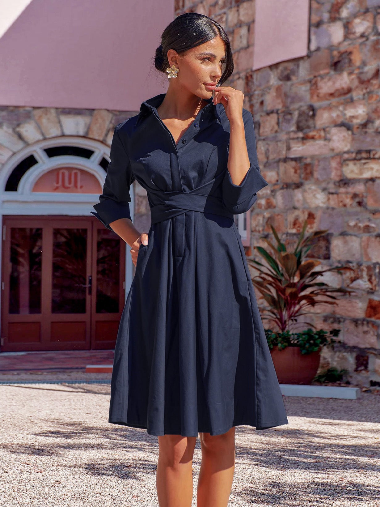 Women's Temperament Elegant Dress Autumn Lace-Up Midskirt Solid Color Shirt A-Line Skirt