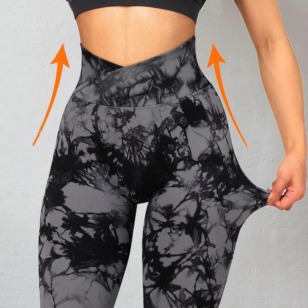 Cross Waist Tie-Dye Seamless Knit Tight Hip Lift Yoga Pants Women's Peach Hip Fitness