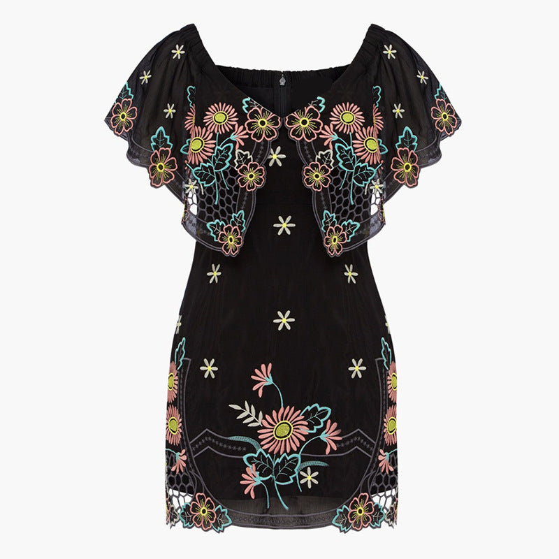 Spring New Line Collar Flower Embroidery Temperament Niche Design Fashion Lady Short Dress Women