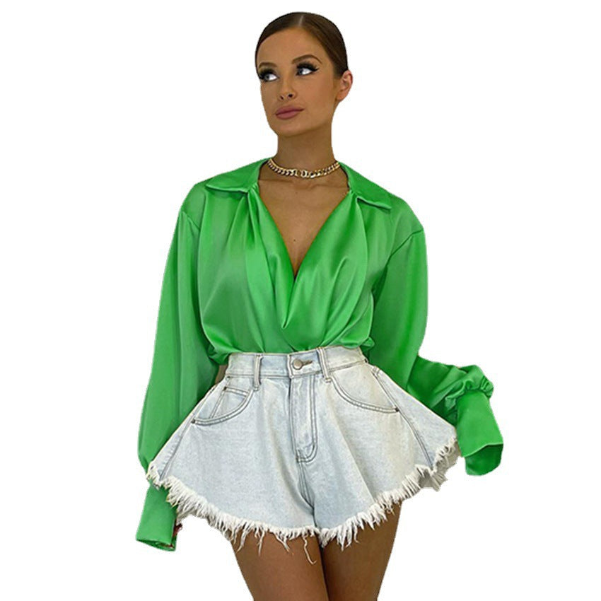 Ice Silk Shirt Spring And Summer Long Sleeves New Women's Thin Satin Design Feel Shirt Temperament Commuter Sag