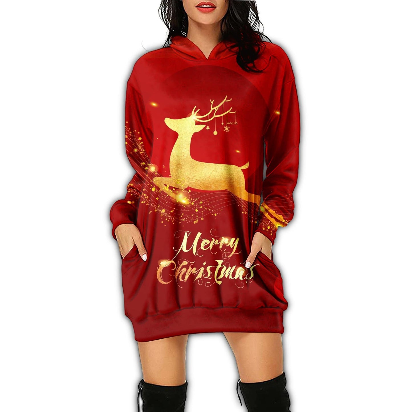 Autumn Women's Print Casual Long-Sleeved Hoodie Dress Christmas Holiday Party Dress