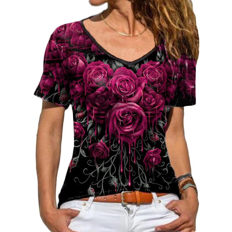 Summer New Women's New Short Sleeve Rose Print T-Shirt Woman