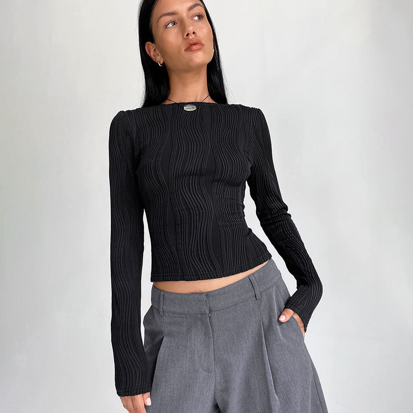 Knit Pleated Long-Sleeved T-Shirt Autumn And Winter New Slim-Fit With Women's Top Fashion Commute