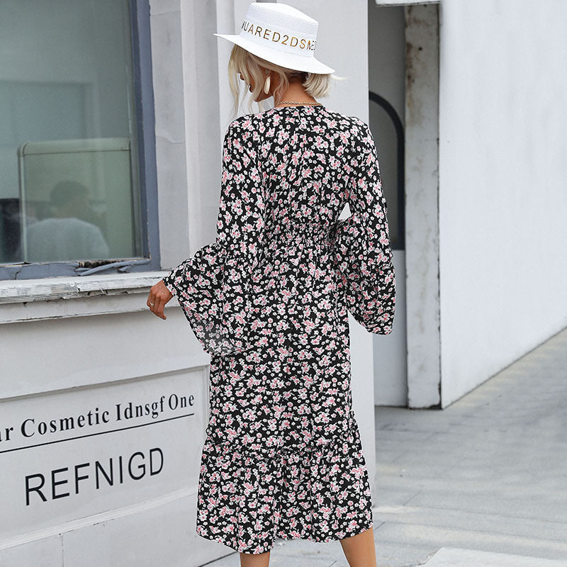 Fashion Women's Irregular Long-Sleeved Floral Dress Autumn And Winter Dress