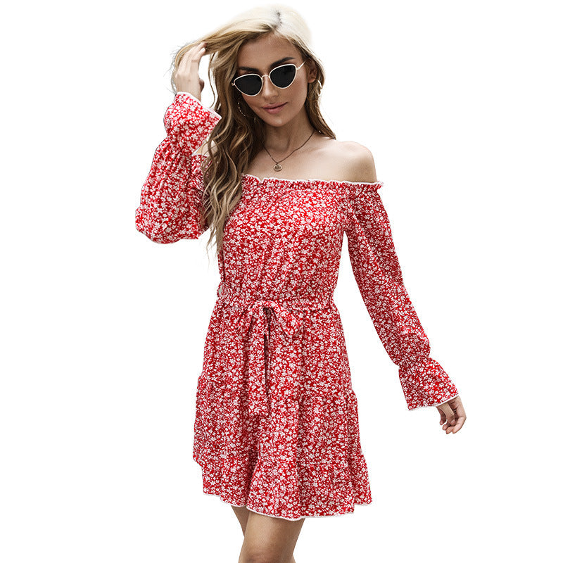 New Women's Floral Long-Sleeved Off-The-Shoulder One-Shoulder Dress
