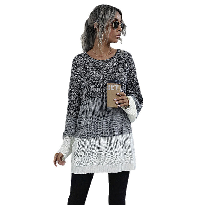 Women Fashion Crew-Neck Long Sleeve Color Knitting Sweater Female Autumn