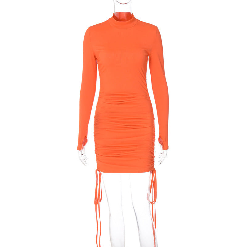 Autumn New Women's Skirt Orange Side Drawstring Long-Sleeved Slim-Fit Dress Set Head Round Neck Tight Wrap Bottom Skirt