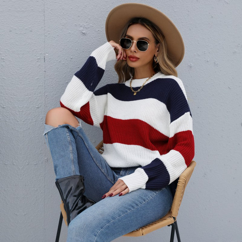 Fashion Women's Autumn Long-Sleeved Color Contrast Half Turtleneck Sweater Base