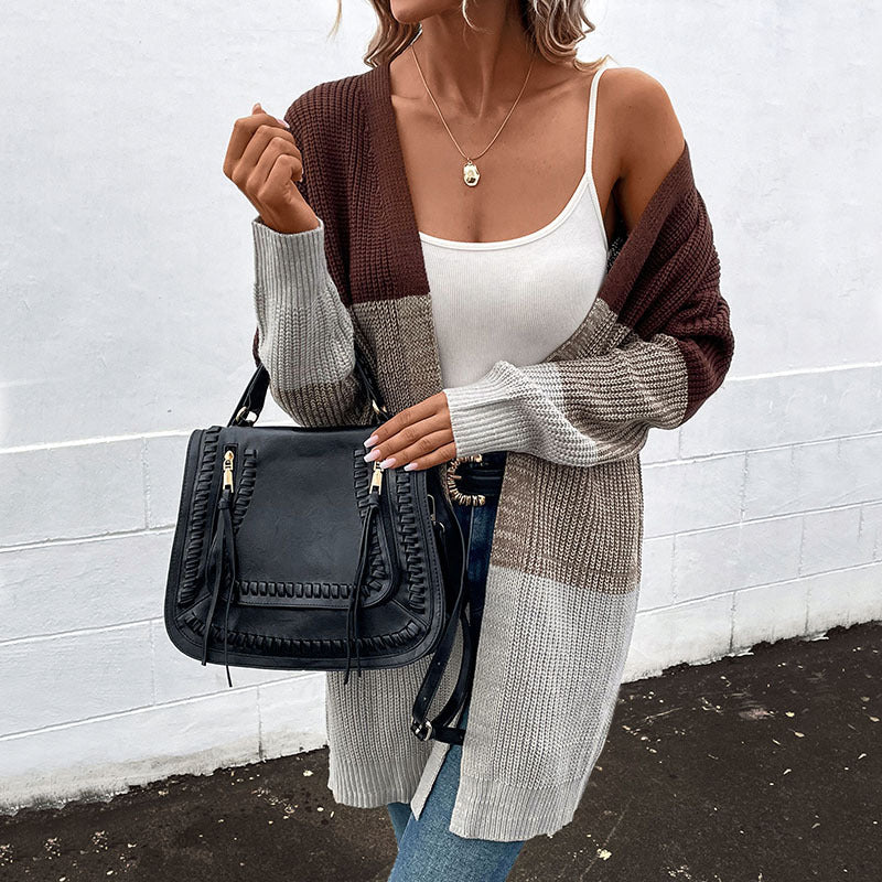 Fashion Women's Autumn And Winter New Long-Sleeved Color Long Sweater Cardigan Woman