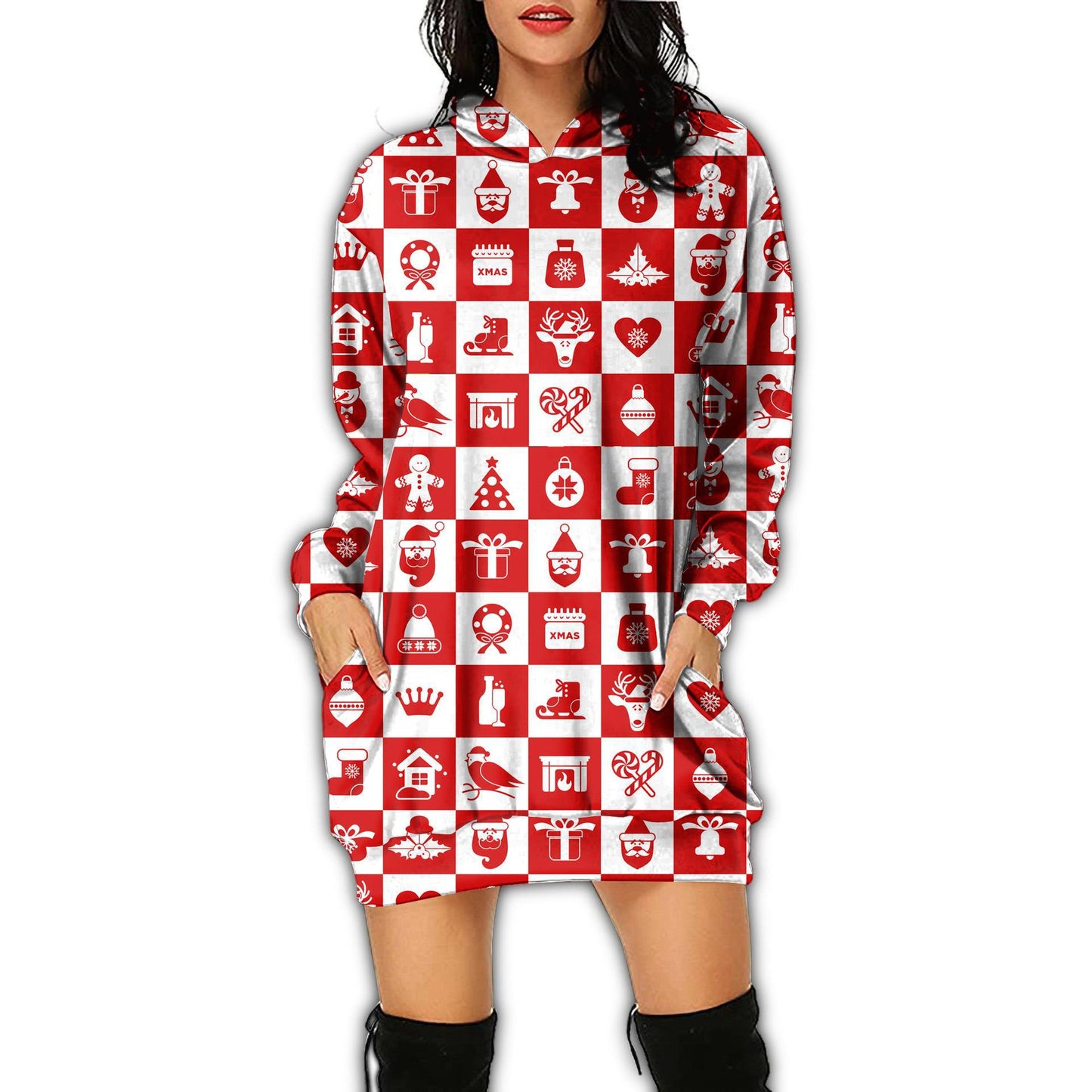Autumn Women's Print Casual Long-Sleeved Hoodie Dress Christmas Holiday Party Dress