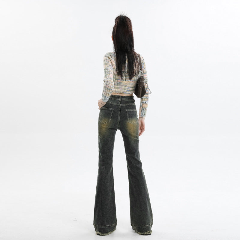 Retro Micro-Cropped Jeans Women Spring And Fall New Stretch Thin Bell Bottoms Design Sense Horseshoe Pants