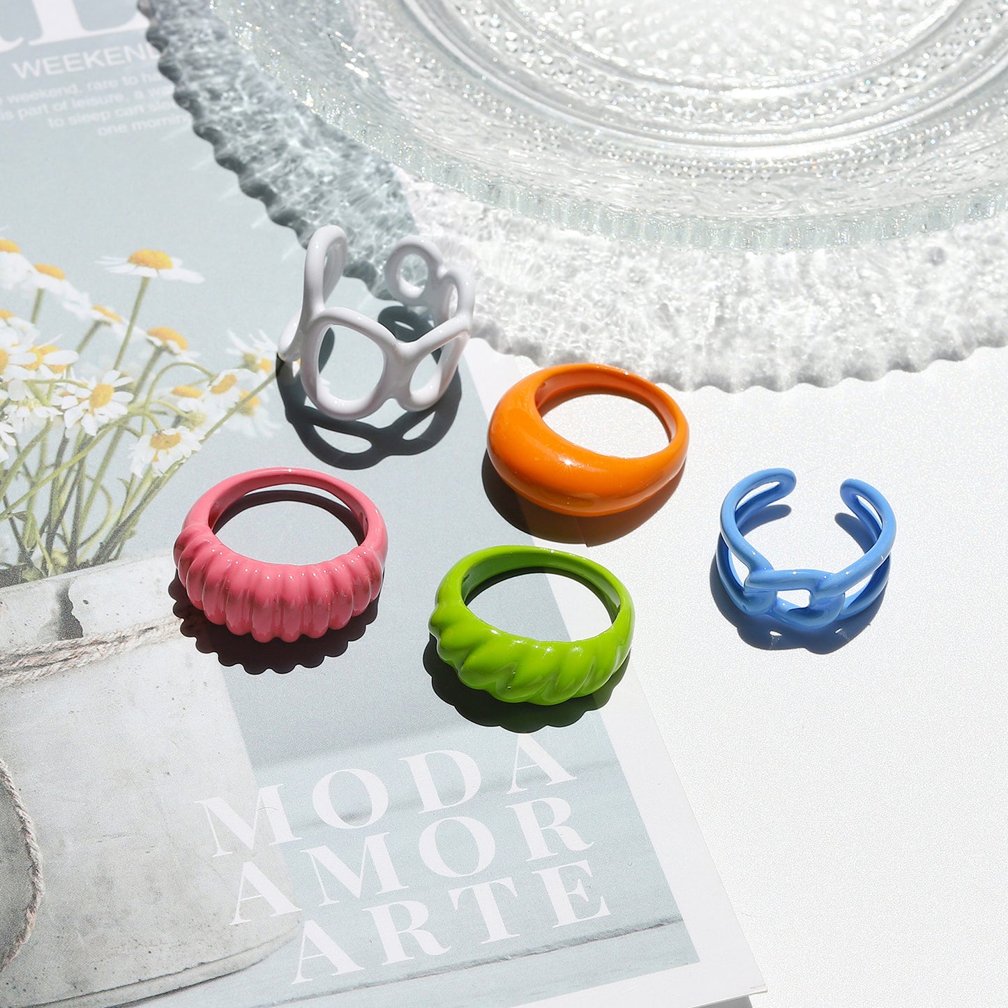 5pcs Fashion Candy Ring Small Fashion Color Drops Glue Creative Personality Hollow Index Finger Ring