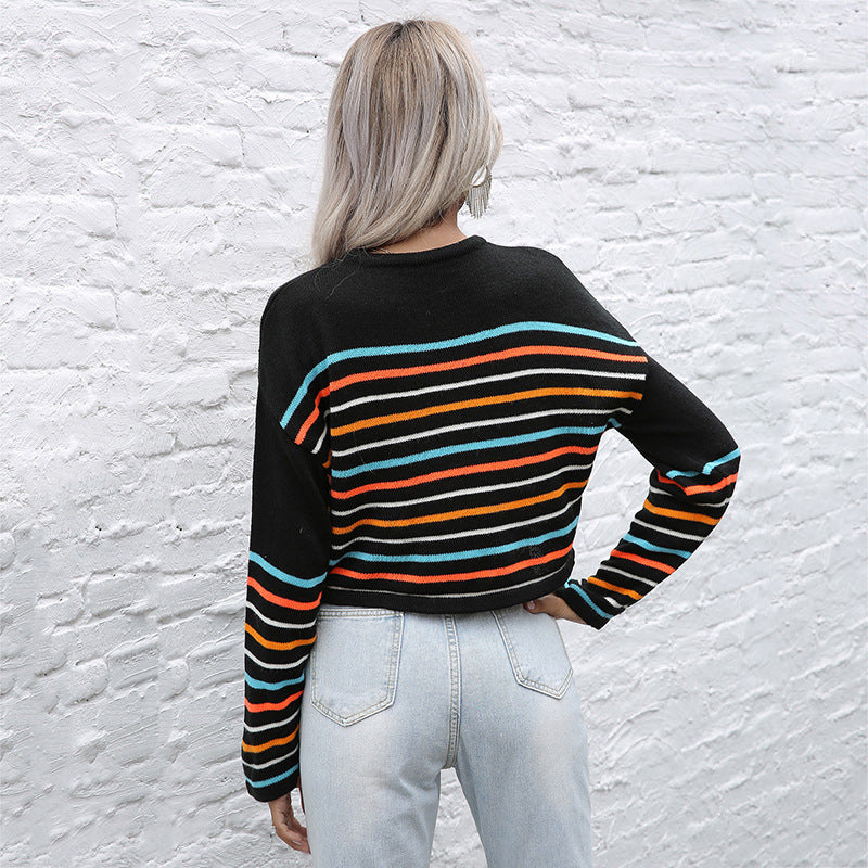 Women's Autumn Knitted Pullover Striped Long-Sleeved Crewneck Bottom Sweater Woman