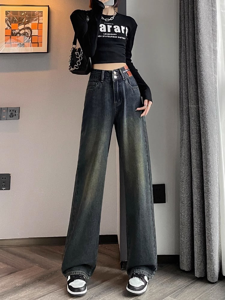 Gray Narrow Version Of Wide Leg Jeans Women's New Autumn High Waist Hanging Loose Straight Leg Pants