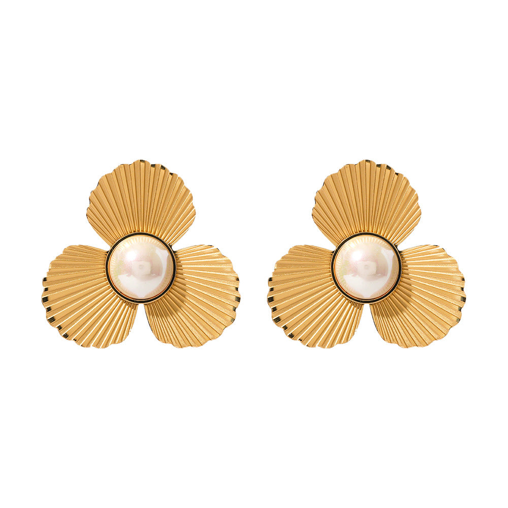 5pcs Stylish Temperament Earrings 16K Gold Plated Stainless Steel Flower Fan Design Round Pearl Stud Earrings For Women