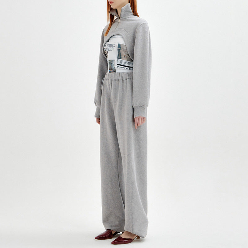 Casual Temperament Spring Lapel Fashion Short Hoodie + Printed Chest + High Waist Wide Leg Trousers Woman